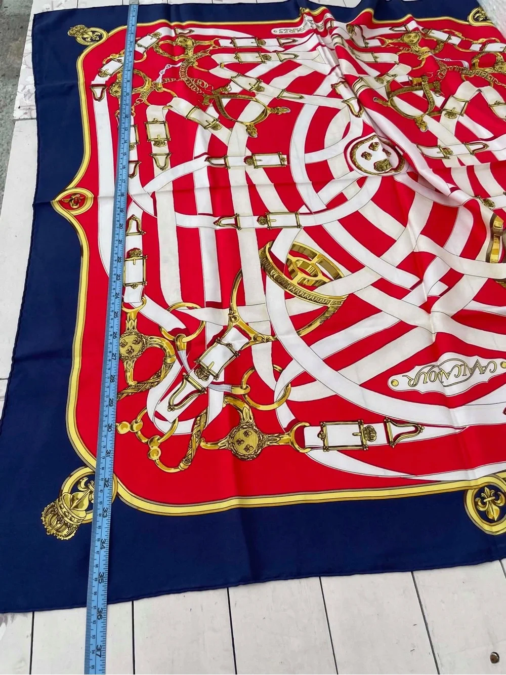 Hermes Red Navy Cream Silk Scarf with Equestrian Print - Picture 12 of 12